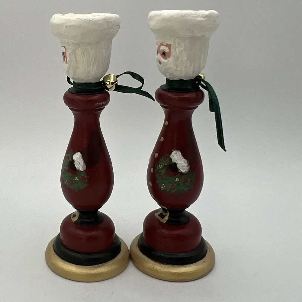 Set 2 Hand Painted Folk Art Wood Candlestick Santa Father Christmas Signed